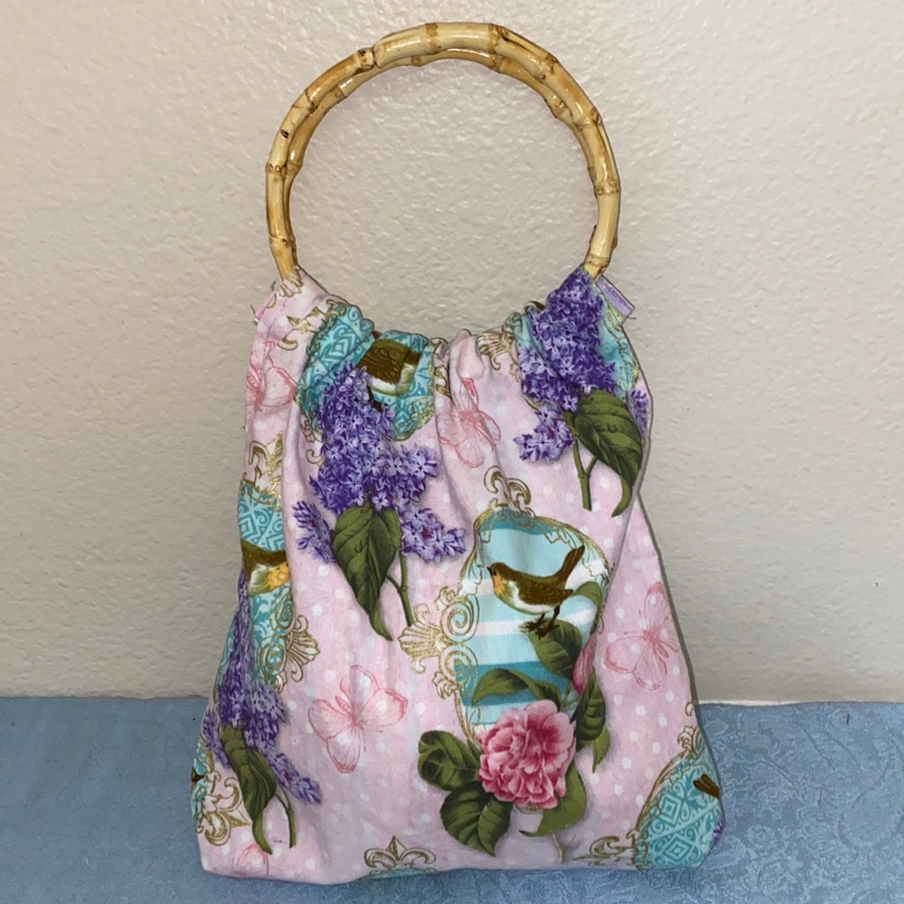 Homemade handbag, purse, satchel w/ bamboo handles & vintage style fabric
